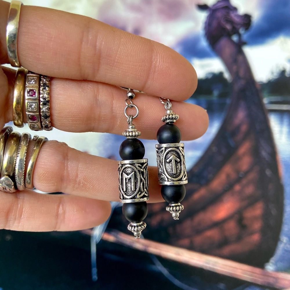 Matte Black onyx viking celtic runes dangly stainless steel post hooks earrings - Picture 6 of 9